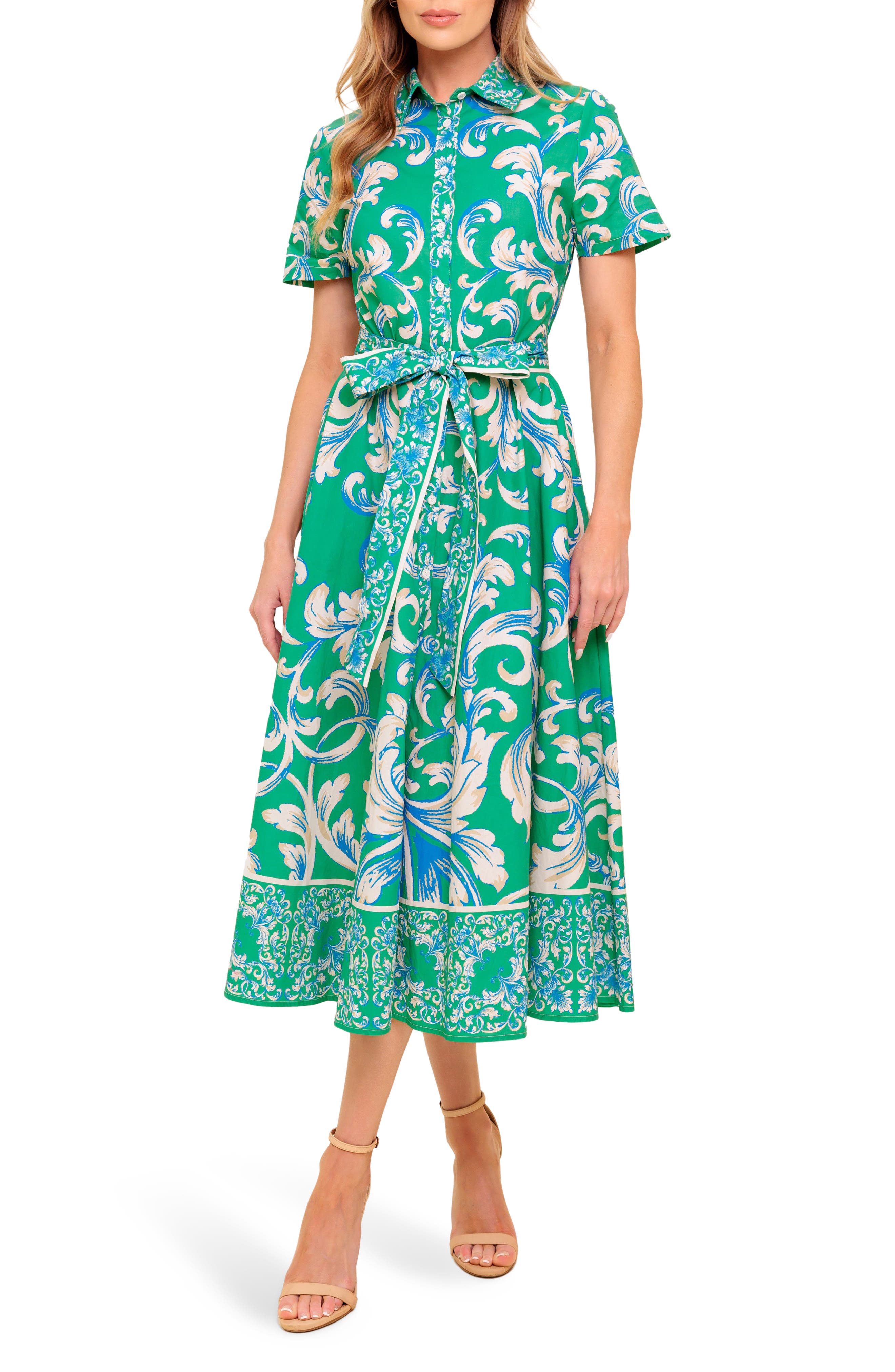 FLYING TOMATO Swirl Print Short Sleeve Cotton Shirtdress