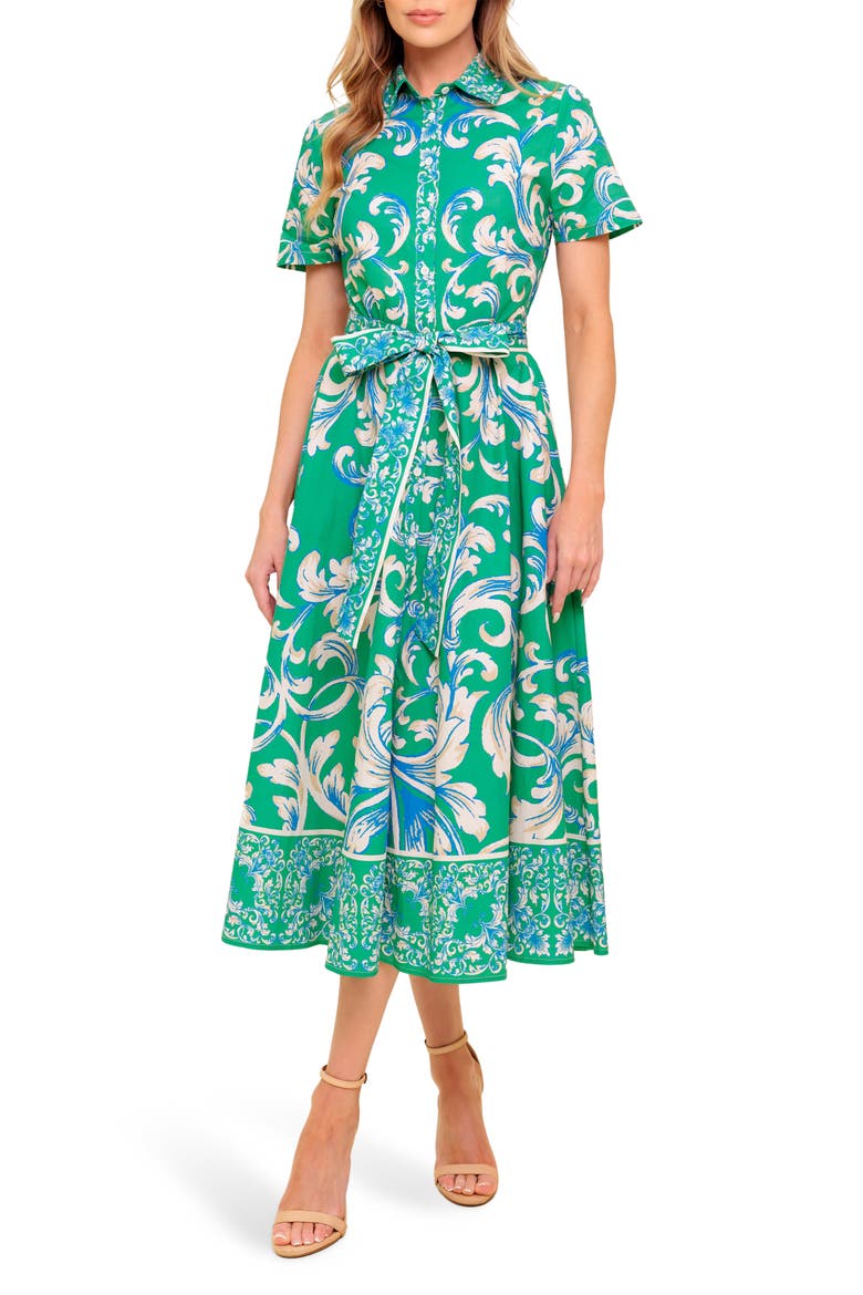 Swirl Print Short Sleeve Cotton Shirtdress, Main, color, GREEN IVORY
