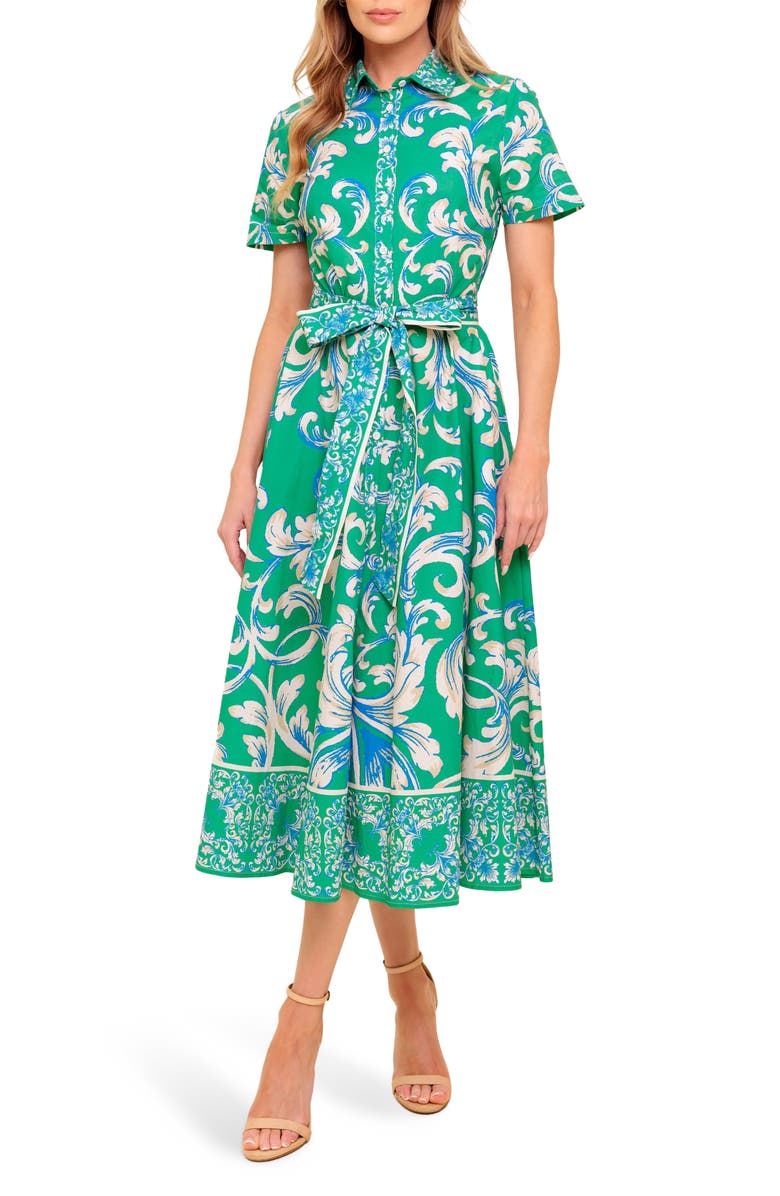 FLYING TOMATO Swirl Print Short Sleeve Cotton Shirtdress, Main, color, Green Ivory
