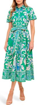 FLYING TOMATO Swirl Print Short Sleeve Cotton Shirtdress
