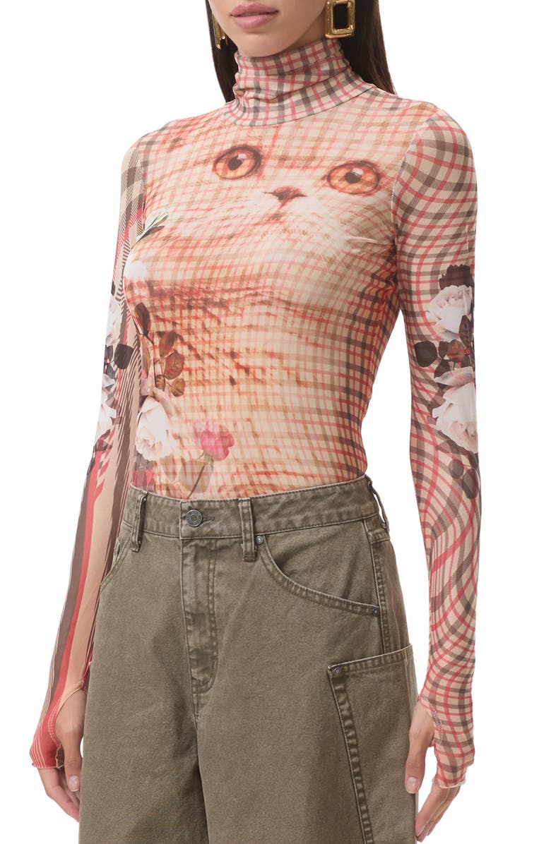 AFRM Zadie Print Turtleneck Mesh Top, Alternate, color, Kitten Plaid