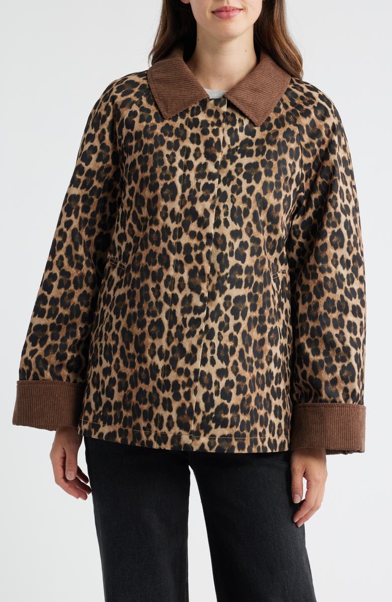 Sam Edelman Corduroy Trim Rain Jacket, Main, color, Leopard