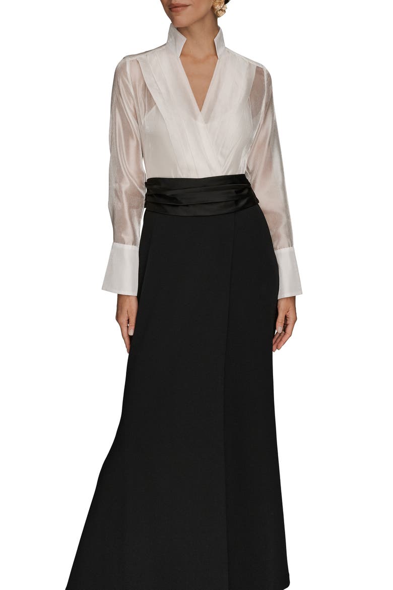 Organza Bodice Long Sleeve Gown, Alternate, color, CREAM/ BLACK