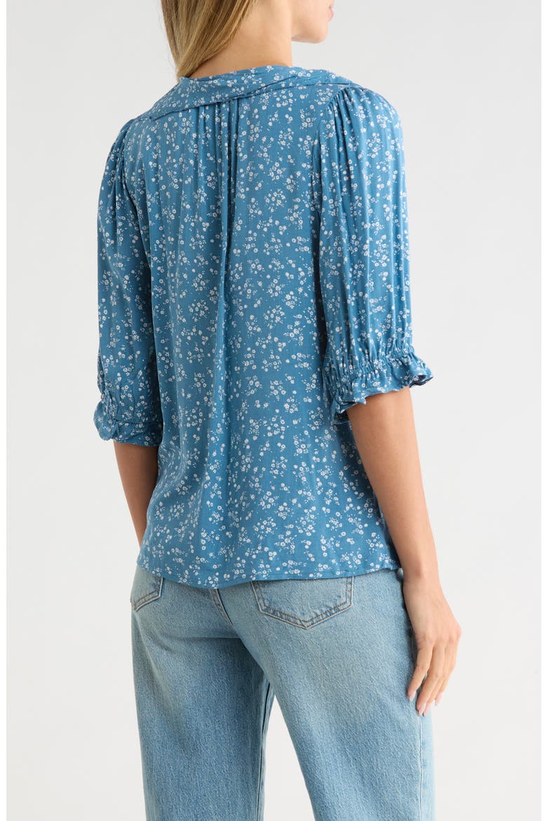 Floral Ruffle Puff Sleeve Button-Up Top, Alternate, color, COZY SKY