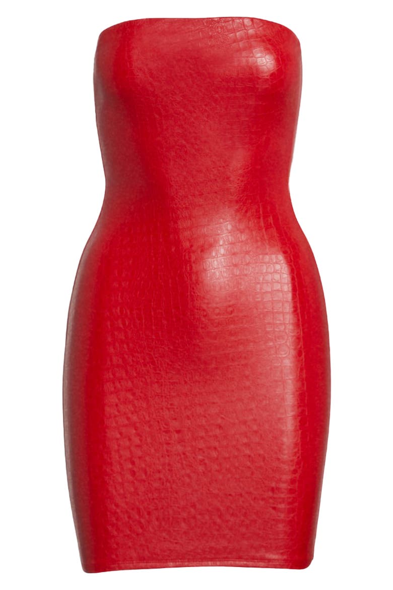 The Crocodile Collection Croc Embossed Strapless Faux Leather Minidress, Alternate, color, RED