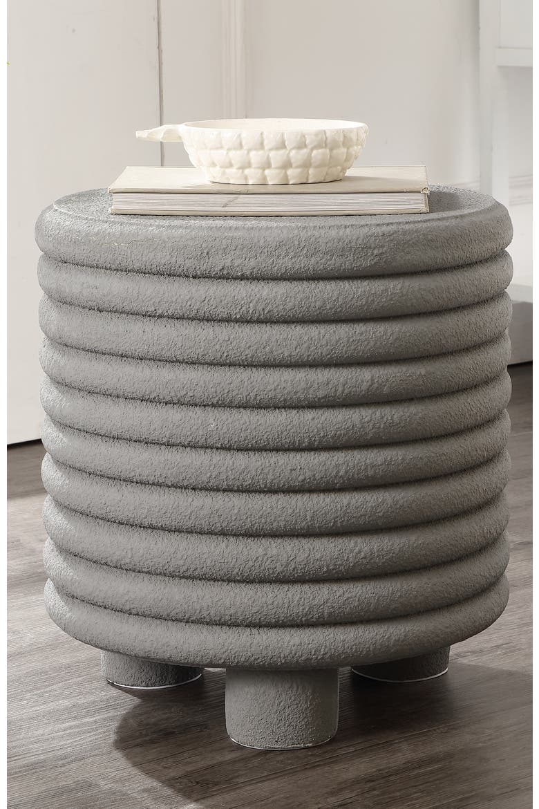 Evans Modern Ribbed Drum Polyresin Outdoor Accent Table and Garden Stool, Weather-Resistant Footed Patio Side Table, Alternate, color, Gray Frosted