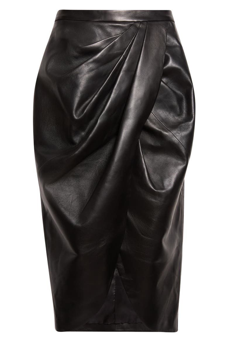 Draped High Waist Leather Midi Skirt, Alternate, color, 0PA BLACK