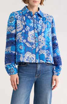 ELIE ELIE TAHARI Floral Lace Trim Long Sleeve Crop Button-Up Shirt