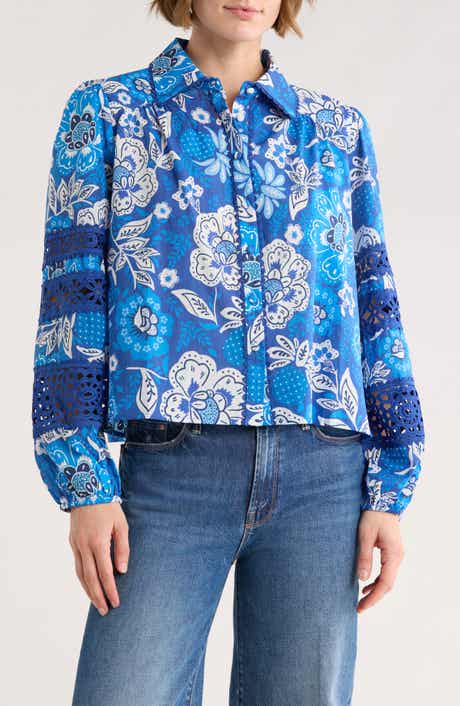 ELIE ELIE TAHARI Floral Lace Trim Long Sleeve Crop Button-Up Shirt