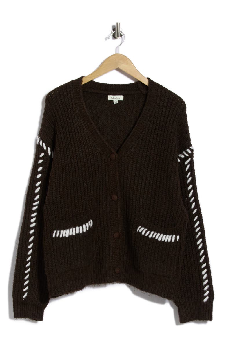 Whipstitch V-Neck Cardigan, Alternate, color, DARK BROWN