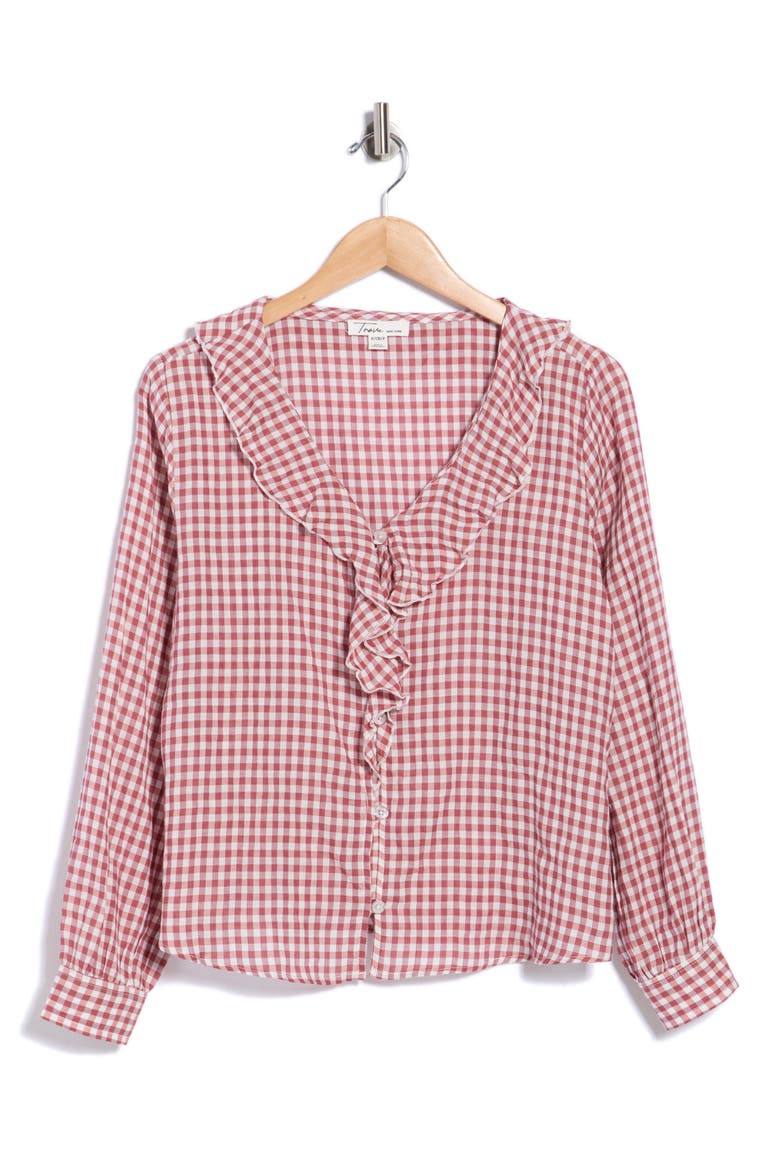 Plaid Ruffled Woven Top, Alternate, color, ROAN ROUGE