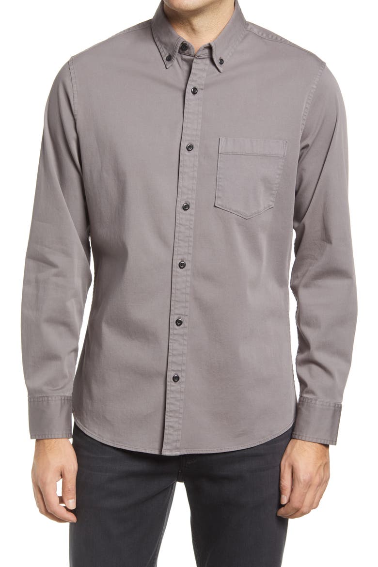 Trim Fit Stretch Chambray Button-Down Shirt, Main, color, GREY TORNADO