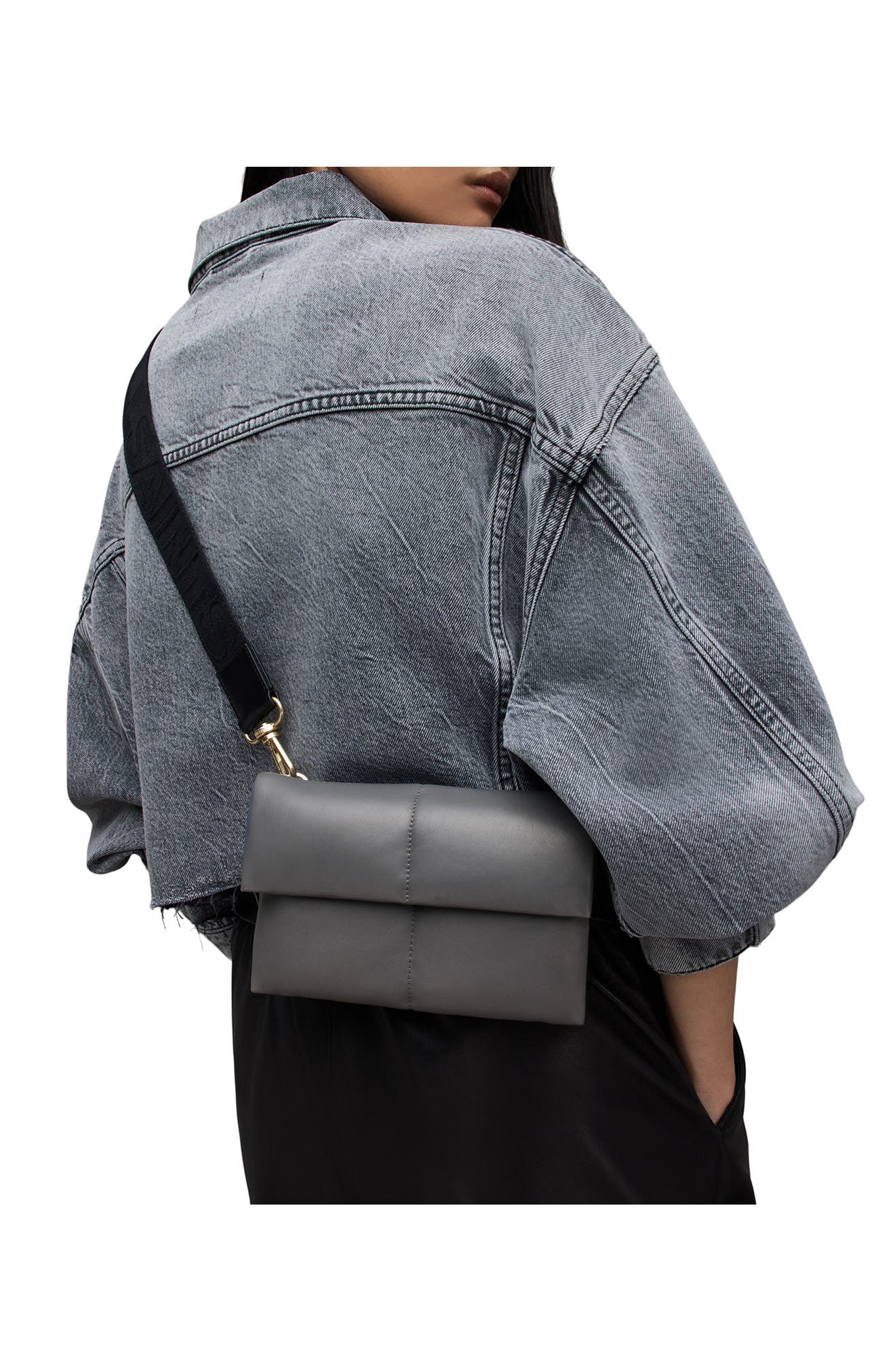 AllSaints Ezra Logo Strap Leather Crossbody Bag, Alternate, color, Slate Grey