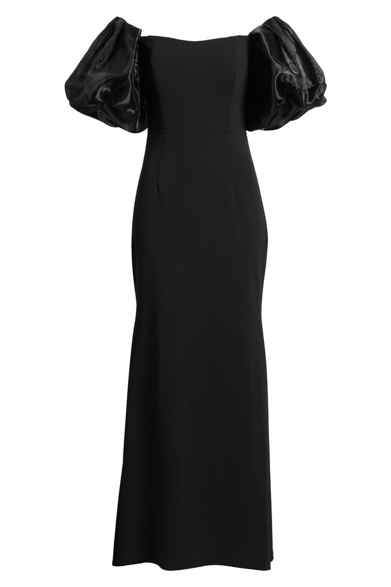 Off the Shoulder Puff Sleeve Trumpet Gown, Alternate, color, BLACK