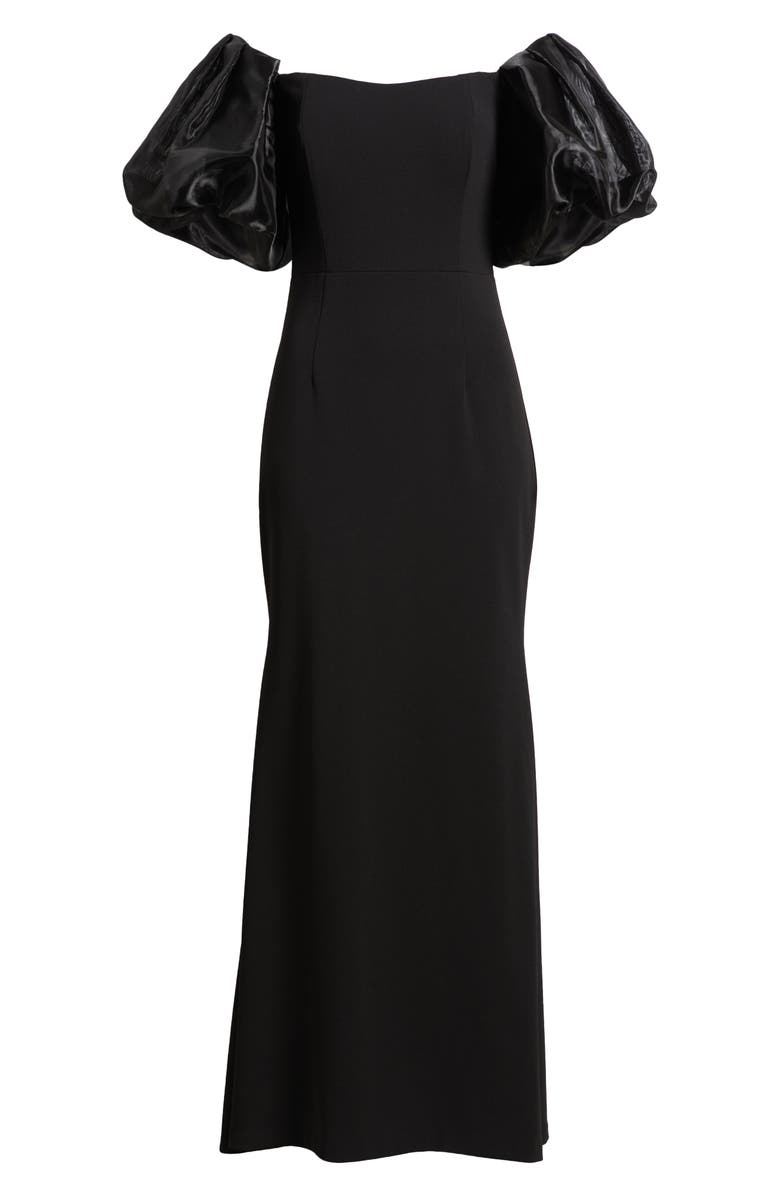 Eliza J Off the Shoulder Puff Sleeve Trumpet Gown, Alternate, color, Black