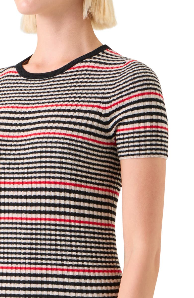 Akris punto Stripe Short Sleeve Virgin Wool Rib Sweater, Alternate, color, Black-Cream-Vermillion