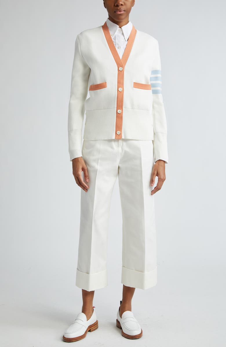 Thom Browne 4-Bar Contrast Trim Cotton Cardigan, Alternate, color,