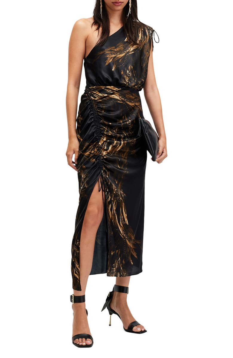 AllSaints Laura One-Shoulder Midi Dress, Alternate, color, Charm Black