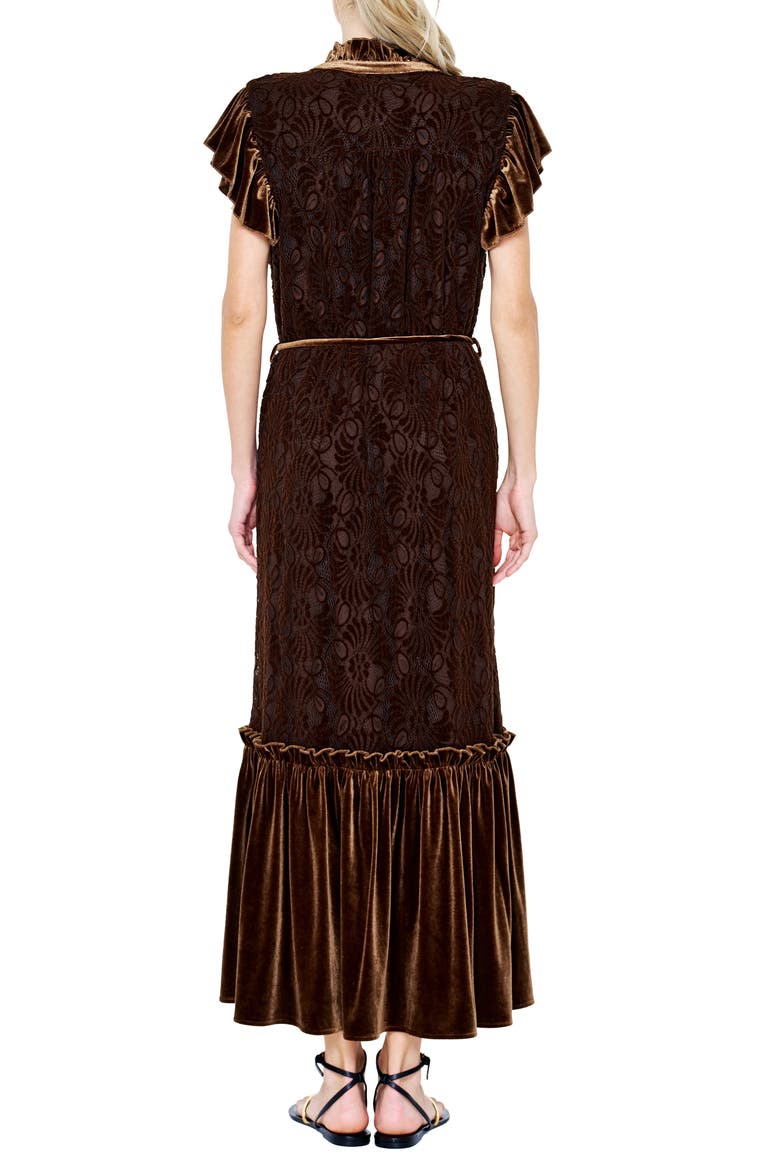Hilma Velvet Trim Lace Maxi Dress, Alternate, color, BROWN