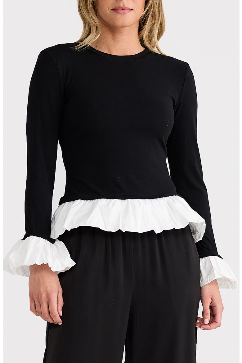 Wilde Stretch Cotton Poplin Combo Peplum Top, Main, color, BLACK W/ WHITE