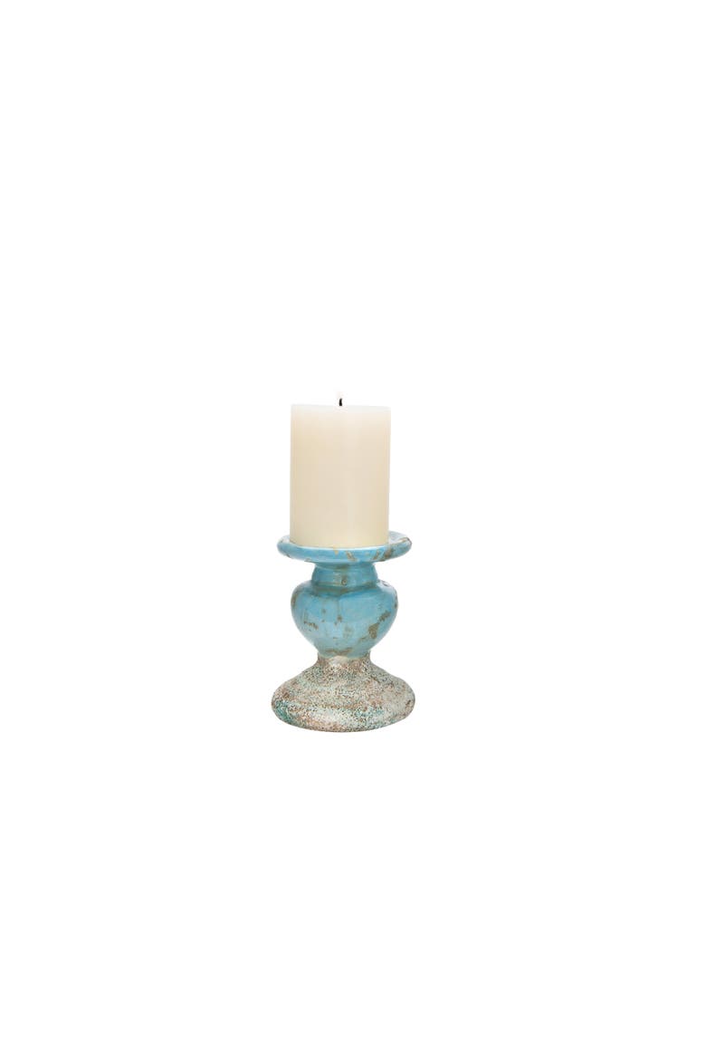Small Distressed Round Terra-cotta Pillar Candleholder, Blue, Alternate, color, Blue