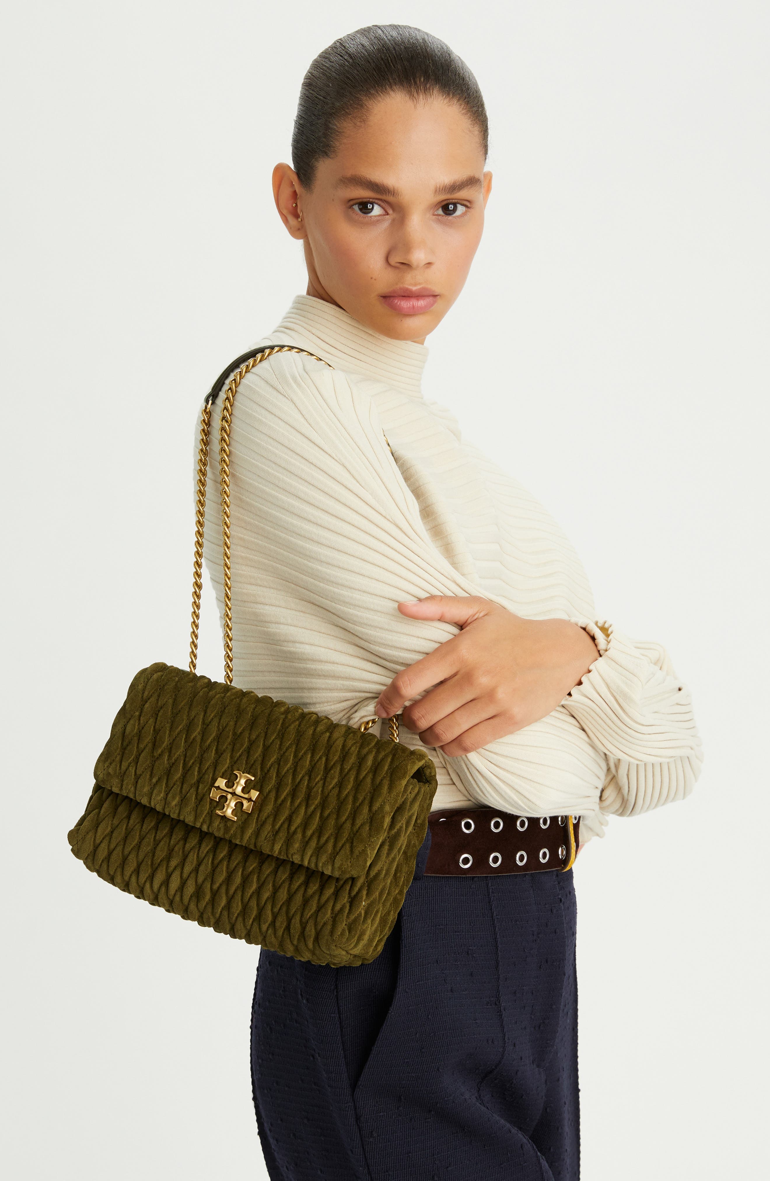 Kira Ruched Suede Convertible Shoulder Bag, Alternate, color, LECCIO