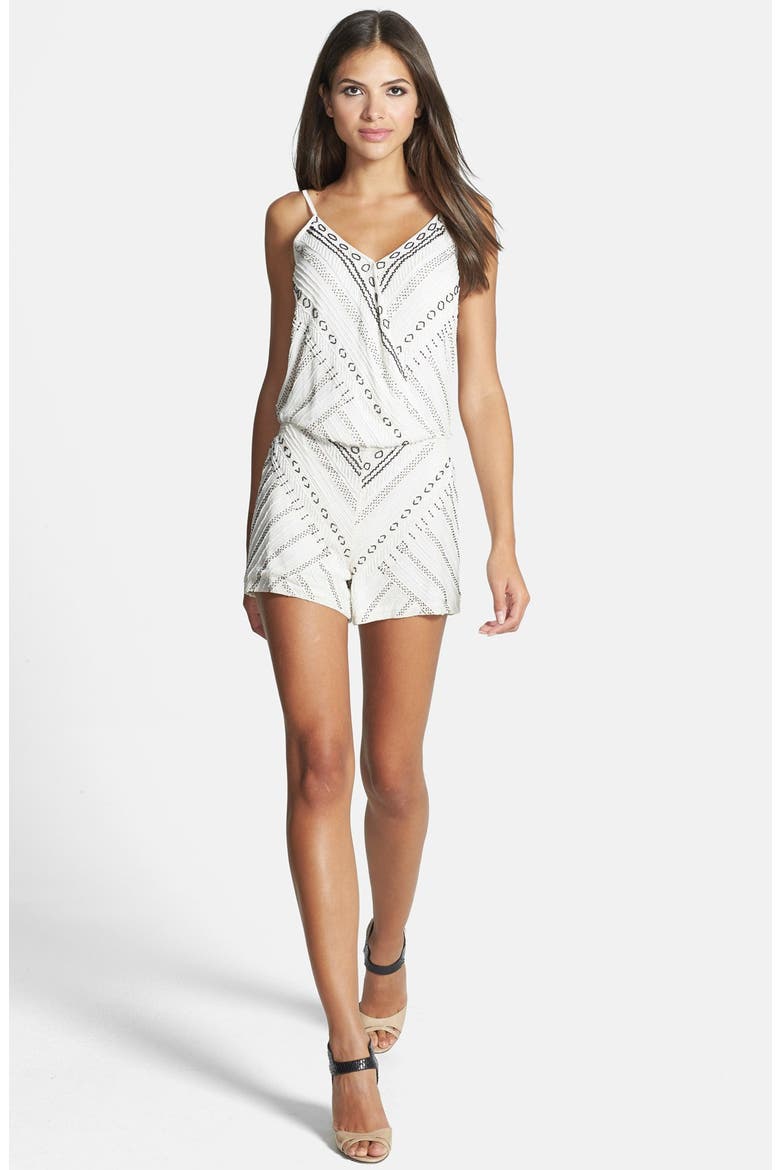 'Harrison' Surplice Beaded Romper, Main, color, BLACK IVORY