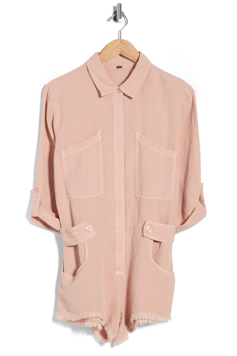 River Long Sleeve Raw Edge Linen Blend Romper, Alternate, color, PINK CLAY PIGMENT