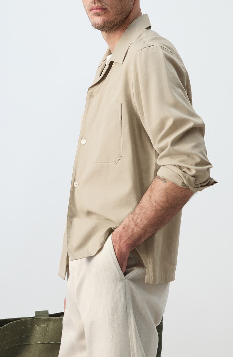 MANGO Long Sleeve Cotton Blend Button-Up Shirt, Alternate, color, Beige