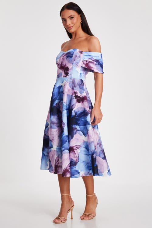 Quiz Scuba Floral Print Bardot Midi Skater Dress In Light Blue