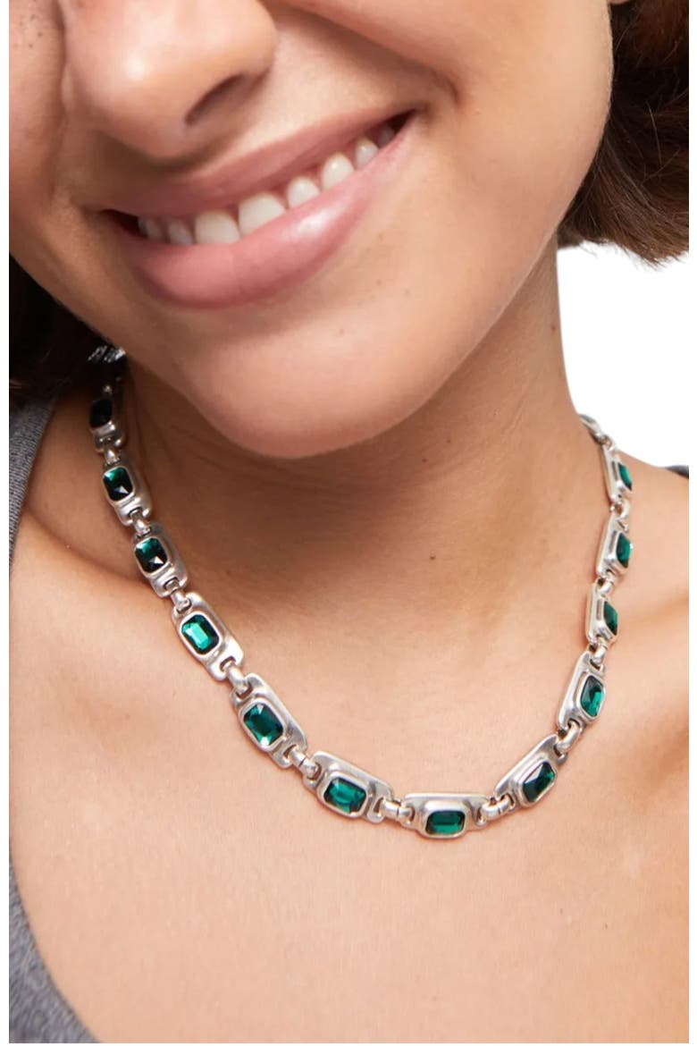 Sterling Silver-Plated Necklace with Green Crystals, Alternate, color, Silver