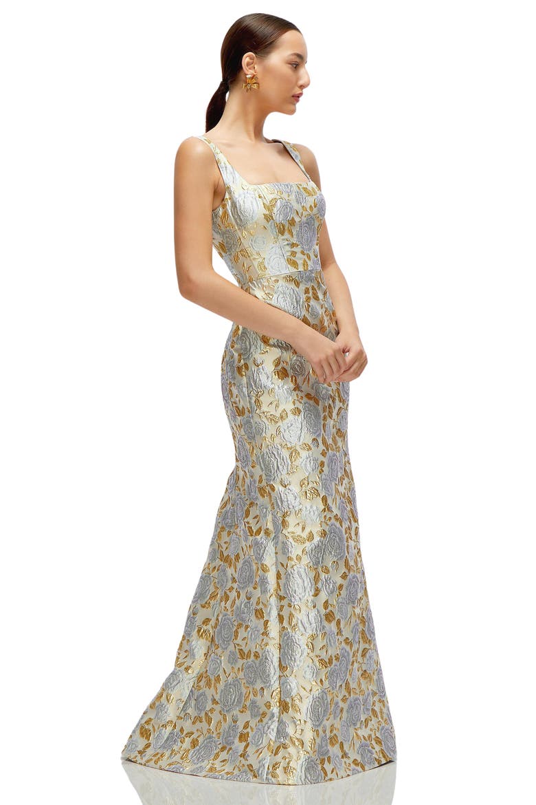 Metallic Floral Brocade Trumpet Gown, Alternate, color, WINTER MIST
