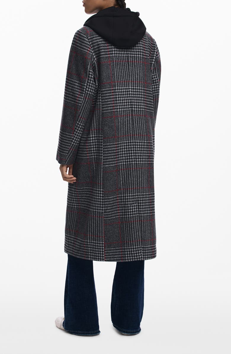 Desigual Tartan Plaid Overcoat with Removable Hood Inset, Alternate, color, Medium Gray