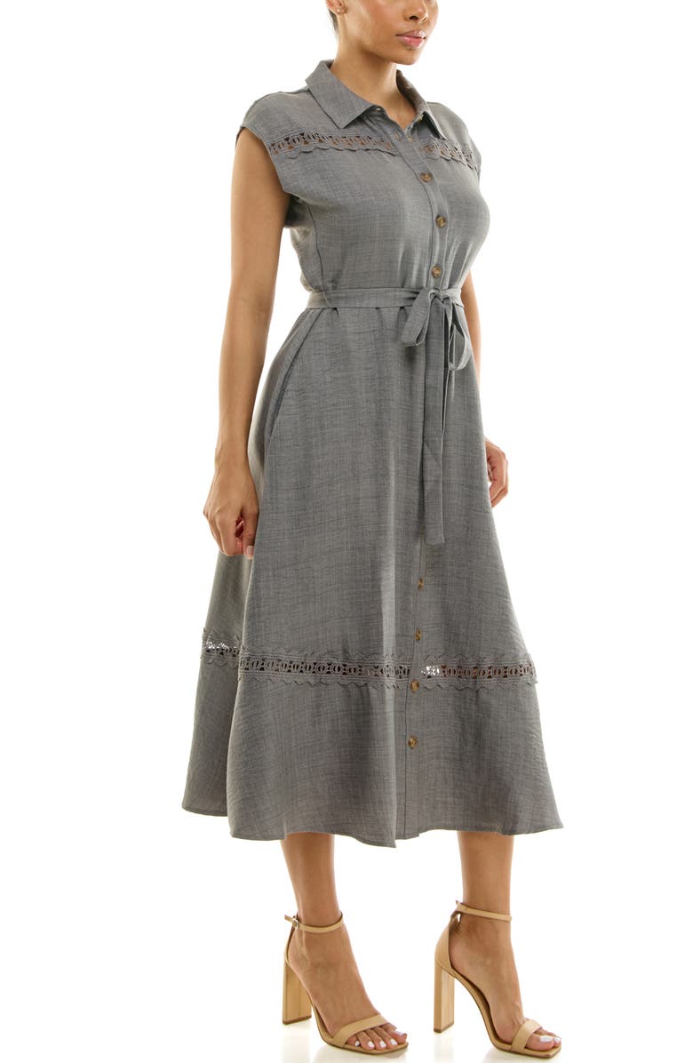 Nina Leonard Cap Sleeve Lace Trim Midi Shirtdress, Alternate, color, Graphite