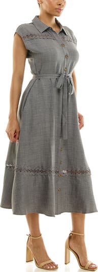 Cap Sleeve Lace Trim Midi Shirtdress