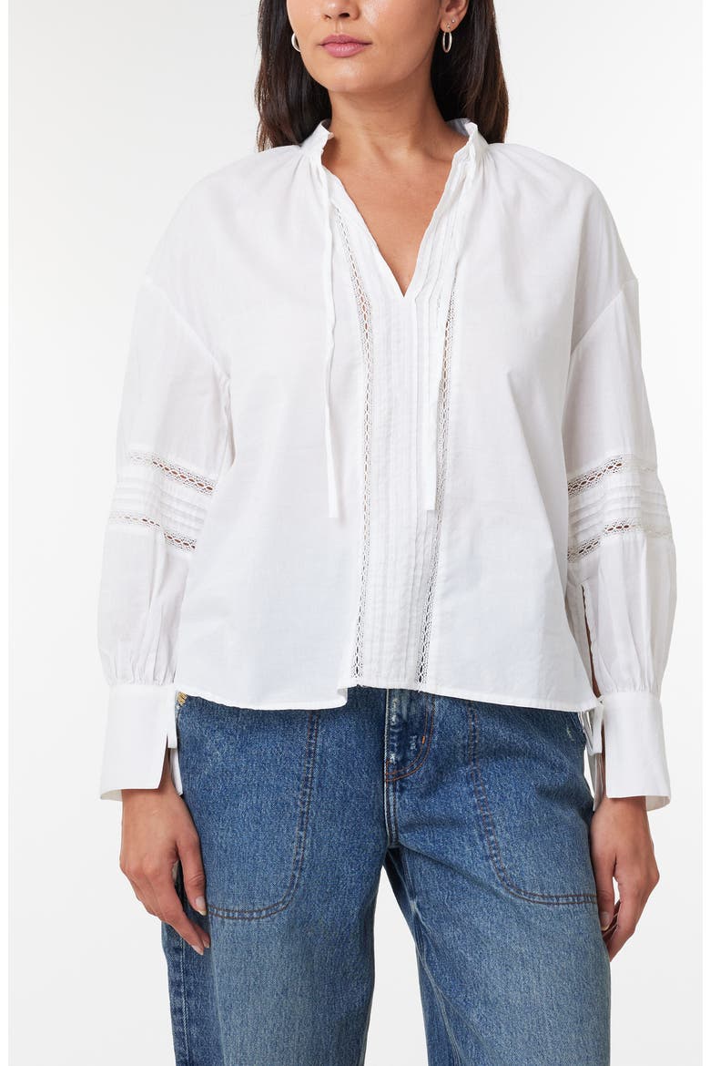 Lace Inset Tie Neck Cotton Top, Alternate, color, WHITE