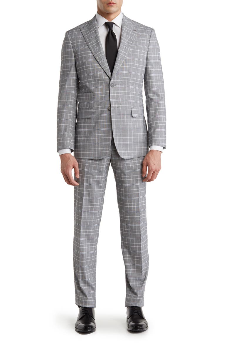 Plaid Two Button Peak Lapel Trim Fit Suit, Main, color, GRAY