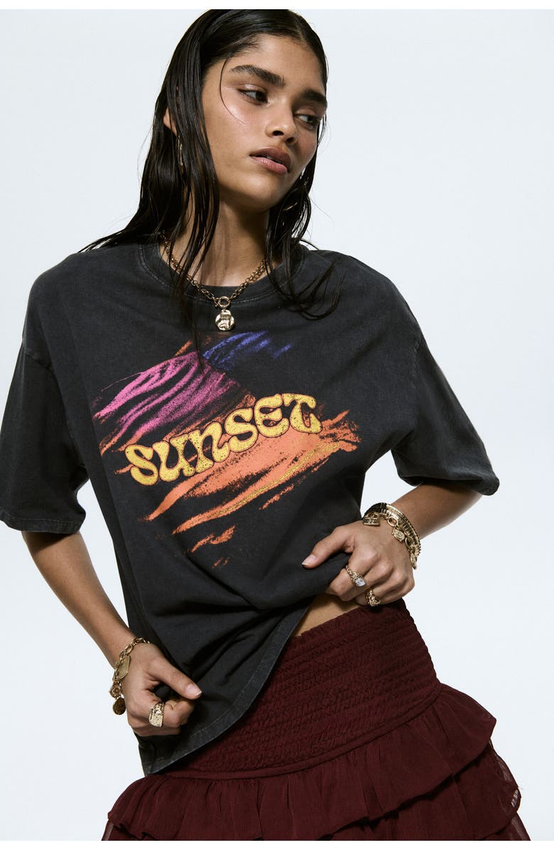 H&M Oversized Printed T-shirt, Alternate, color, Dark Gray/Sunset