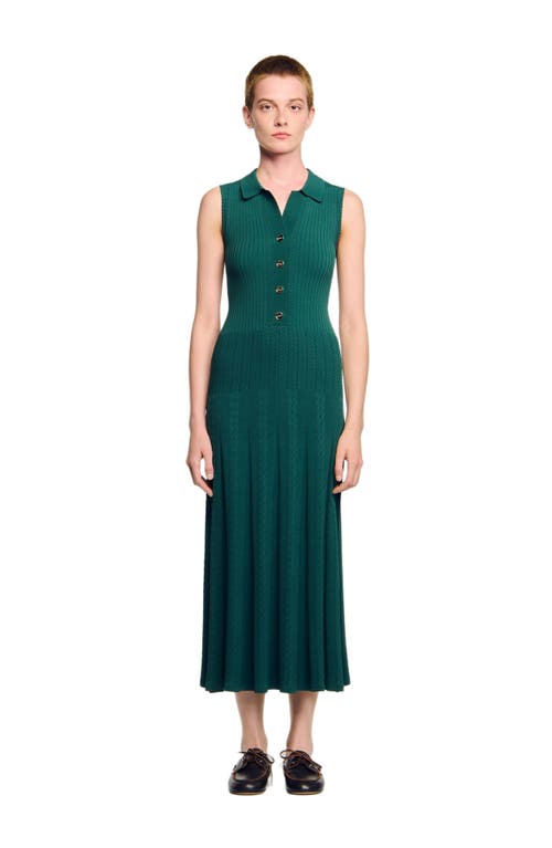 Sandro Womens Polo-collar Button-down Stretch-knit Midi Dress Dark Green In Green