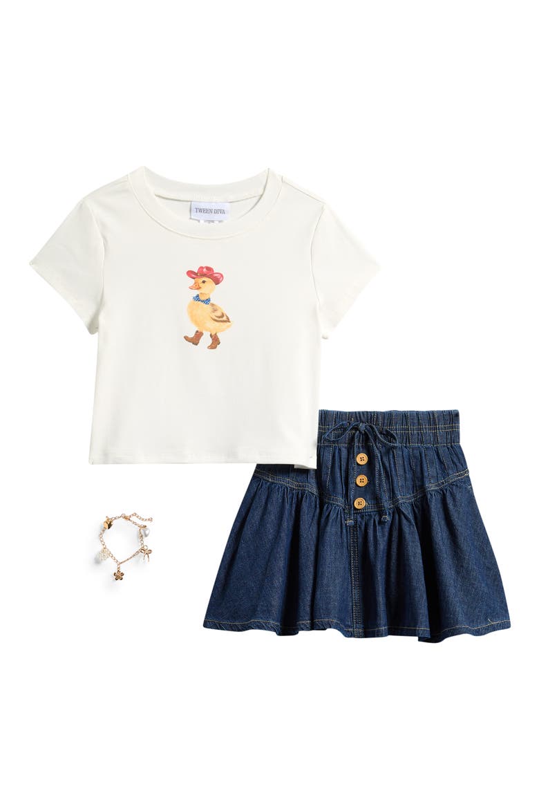 Kids' Graphic T-Shirt, Skirt & Bracelet Set, Main, color, IVORY