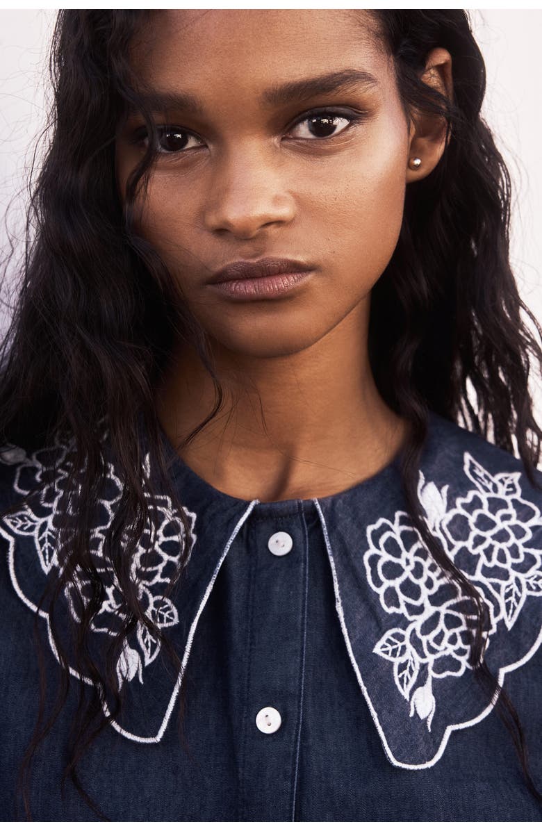 H&M Embroidered-collar Denim Blouse, Alternate, color, Dark Denim Blue