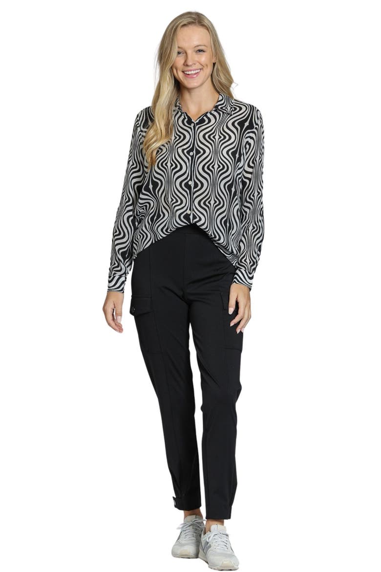 Wavy Print Roll Tab Sleeve Button-Up Shirt, Alternate, color, BLACK/ WHITE