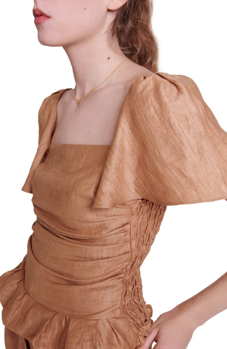 maje Lostan Smocked Ruffle Linen Blend Top, Alternate, color, 