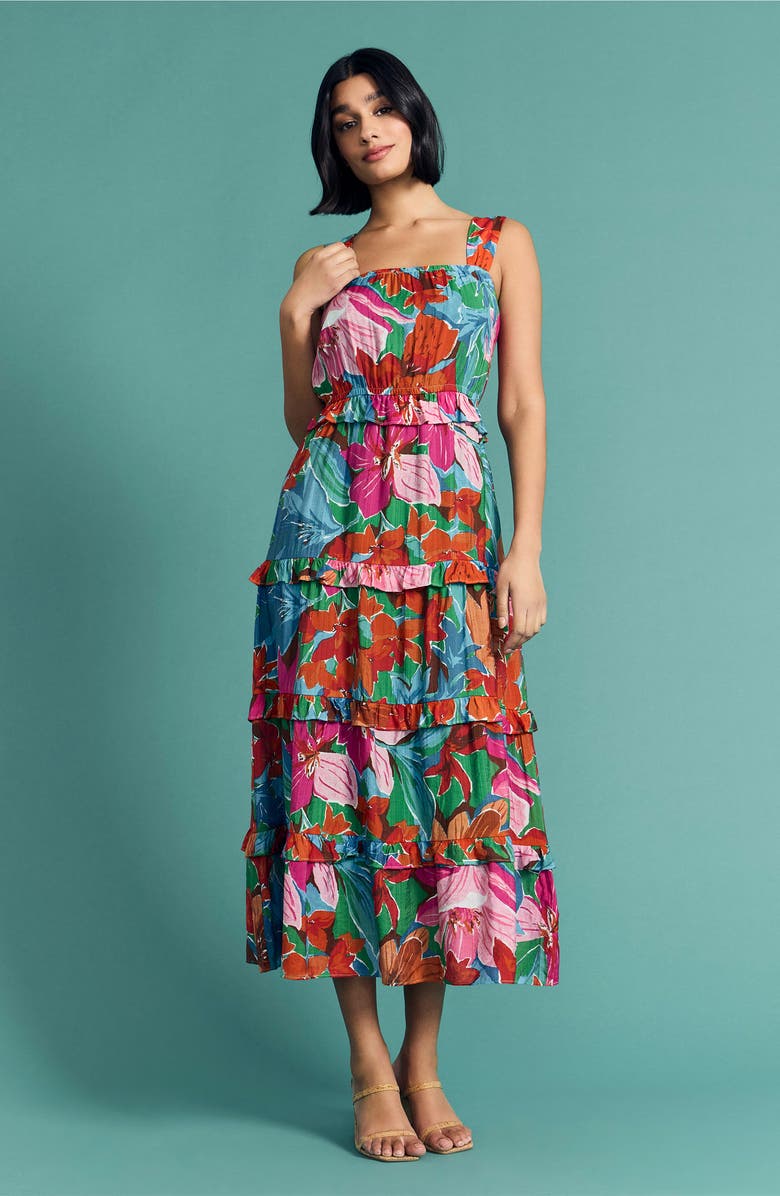 Maggy London Floral Midi Sundress, Alternate, color, Kelly Green/ Fuchsia