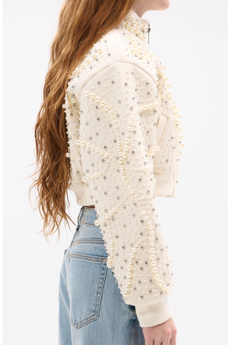 Pearlized Embellished Bomber Jacket, Alternate, color, CREAM