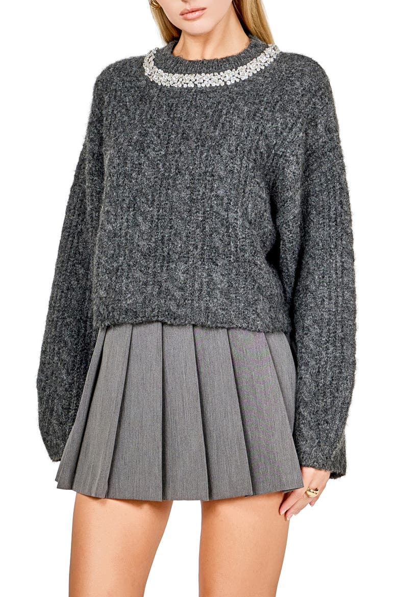 Jewel Fuzzy Cable Stitch Sweater, Alternate, color, CHARCOAL