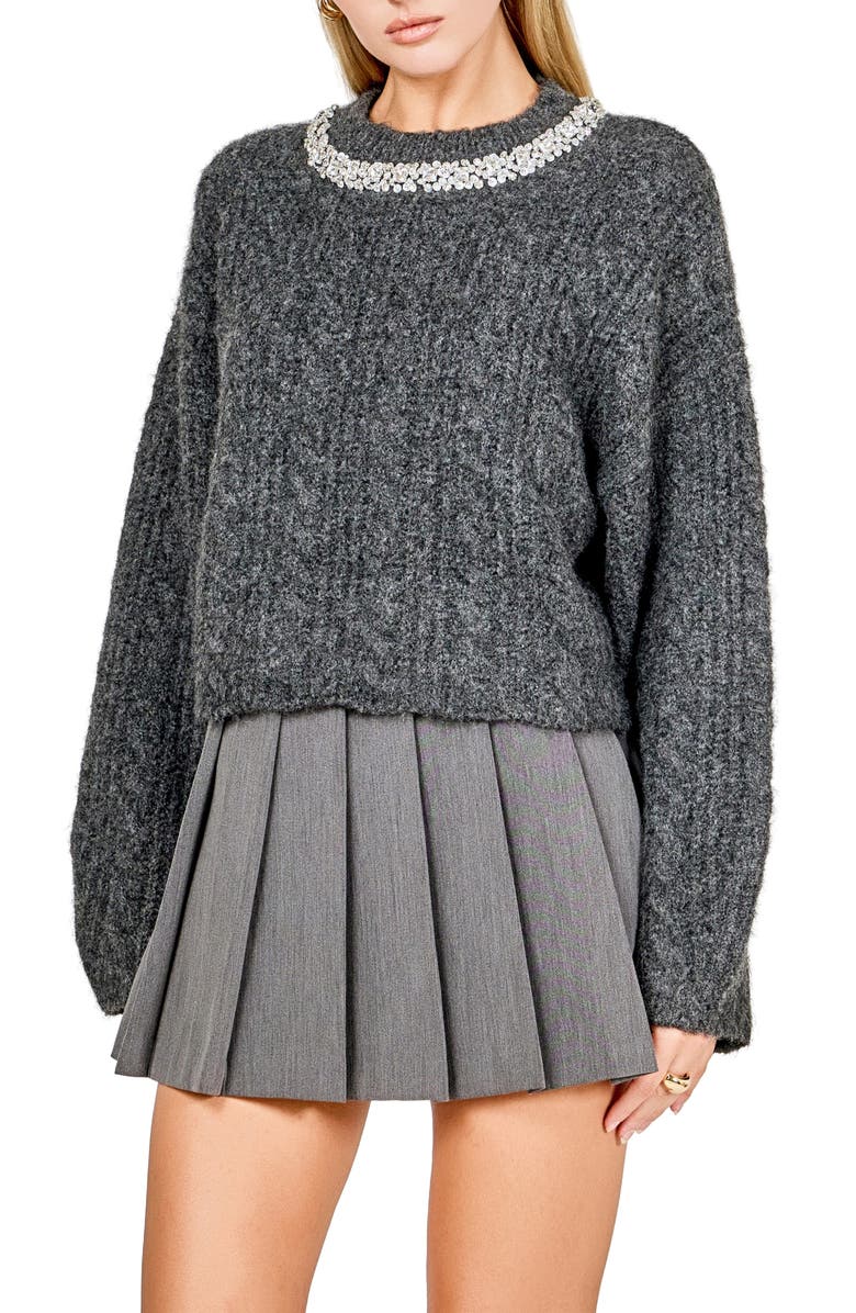 Endless Rose Jewel Fuzzy Cable Stitch Sweater, Alternate, color, Charcoal