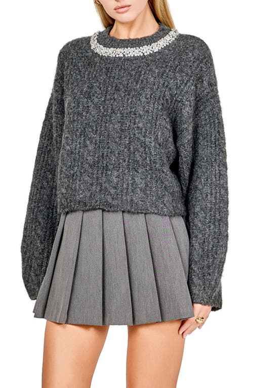 Endless Rose Jewel Fuzzy Cable Stitch Sweater In Gray