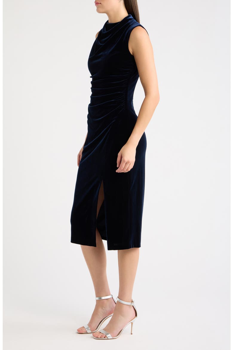 High Cowl Neck Ruched Velvet Sheath Midi Dress, Alternate, color, NAVY
