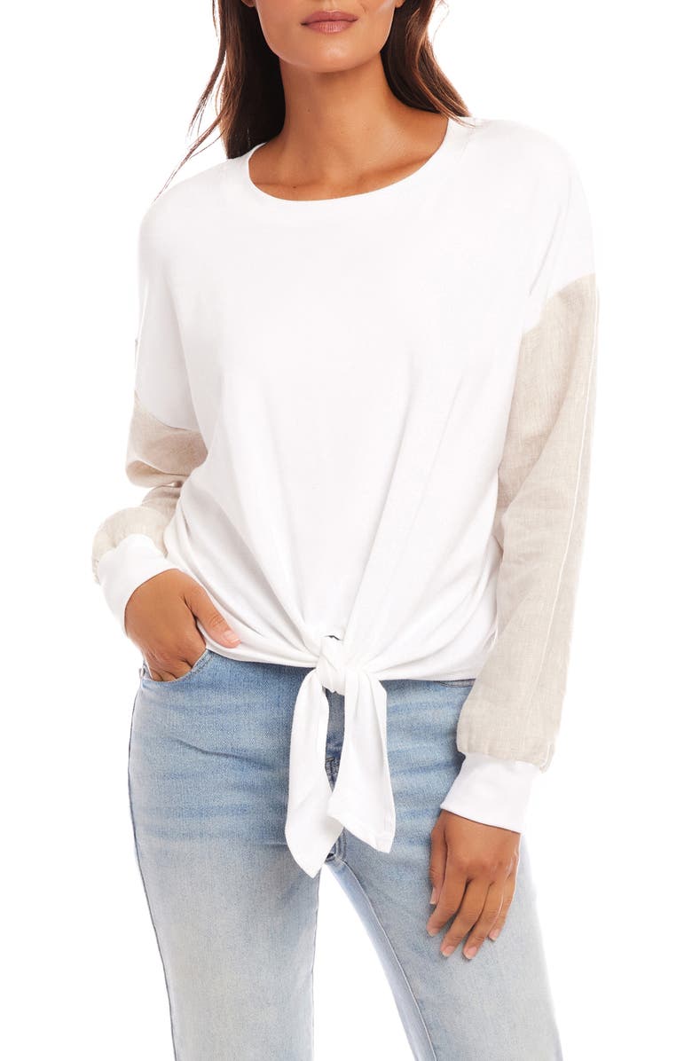 Karen Kane Contrast Sleeve Tie Front Knit Top, Main, color, Off White/ Oatmeal
